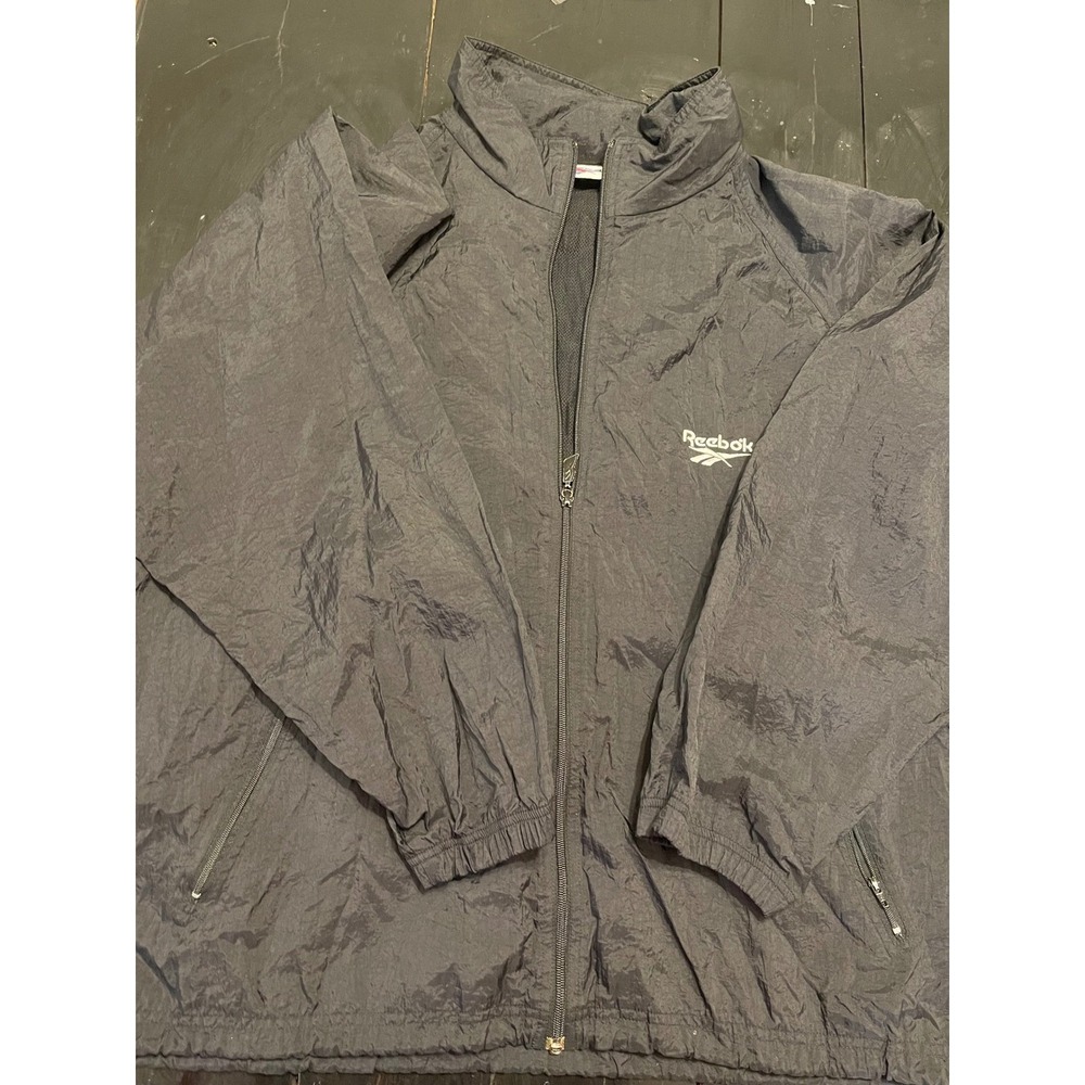 Mens Reebok Windbreaker Jacket Black Full Zip Lightweight Athletic Size L